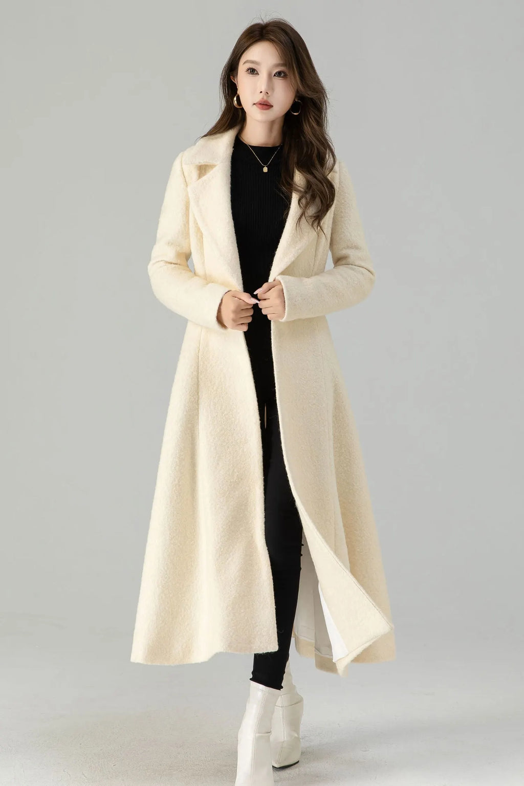 Off White Wool Maxi Coat - Fit and Flare Double Breasted 4559