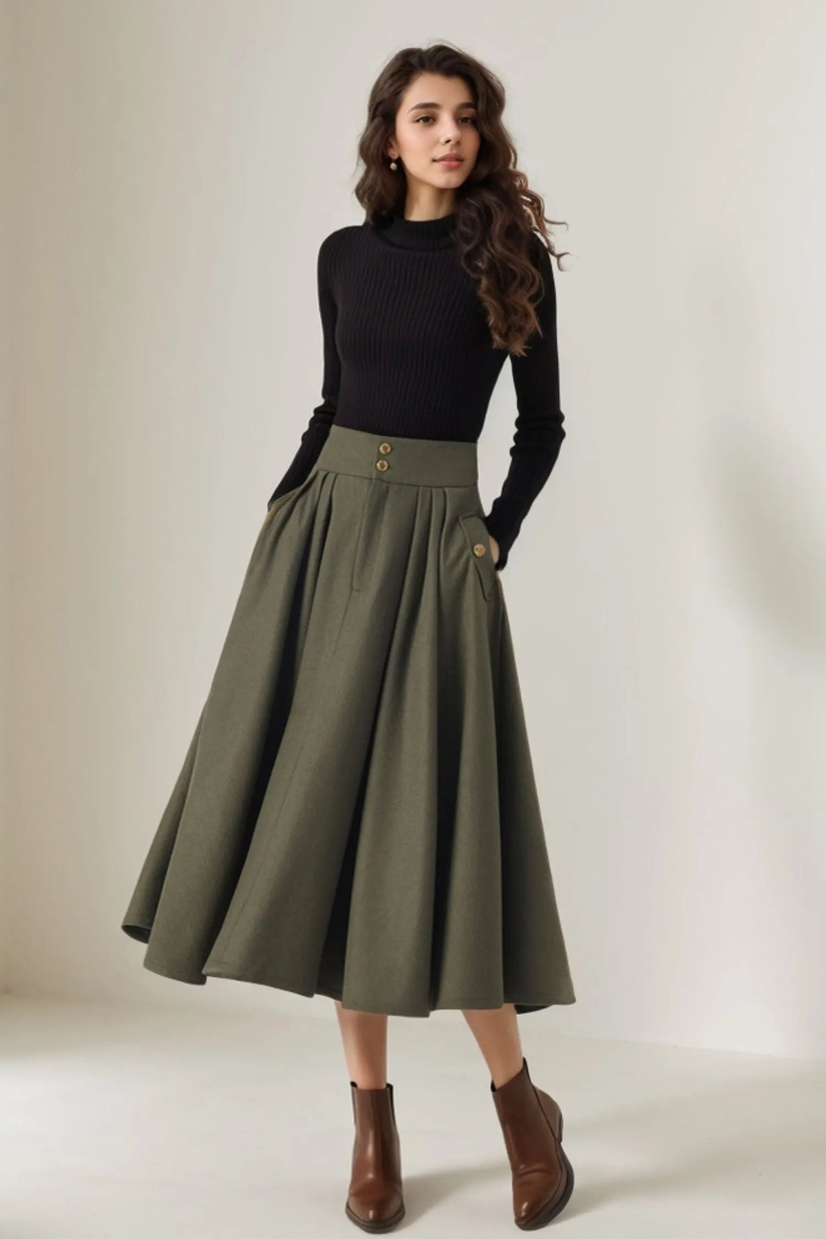 Vintage Wool Blend Pleated Midi Skirt – Handmade High Waist Winter Skirt 