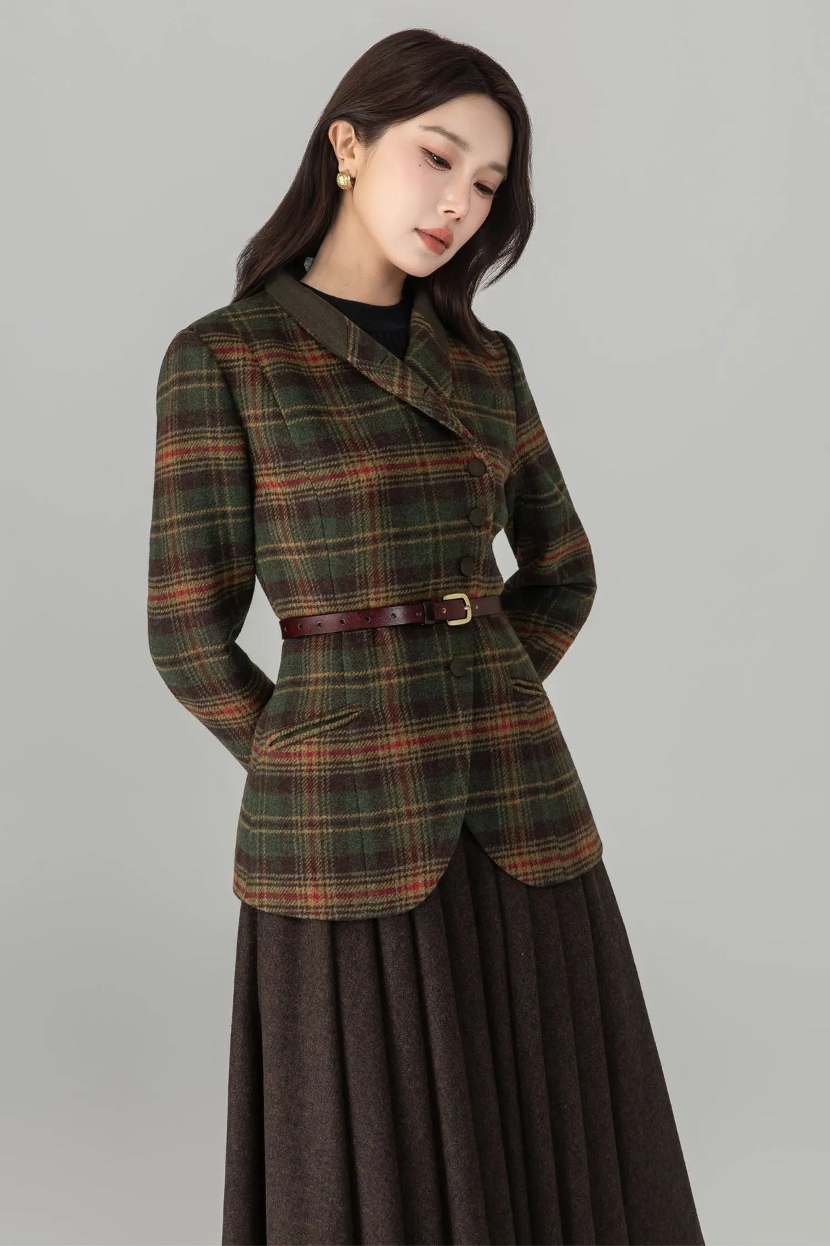 Army Green Wool Blend Plaid Top - Fit and Flare Button Front 6989