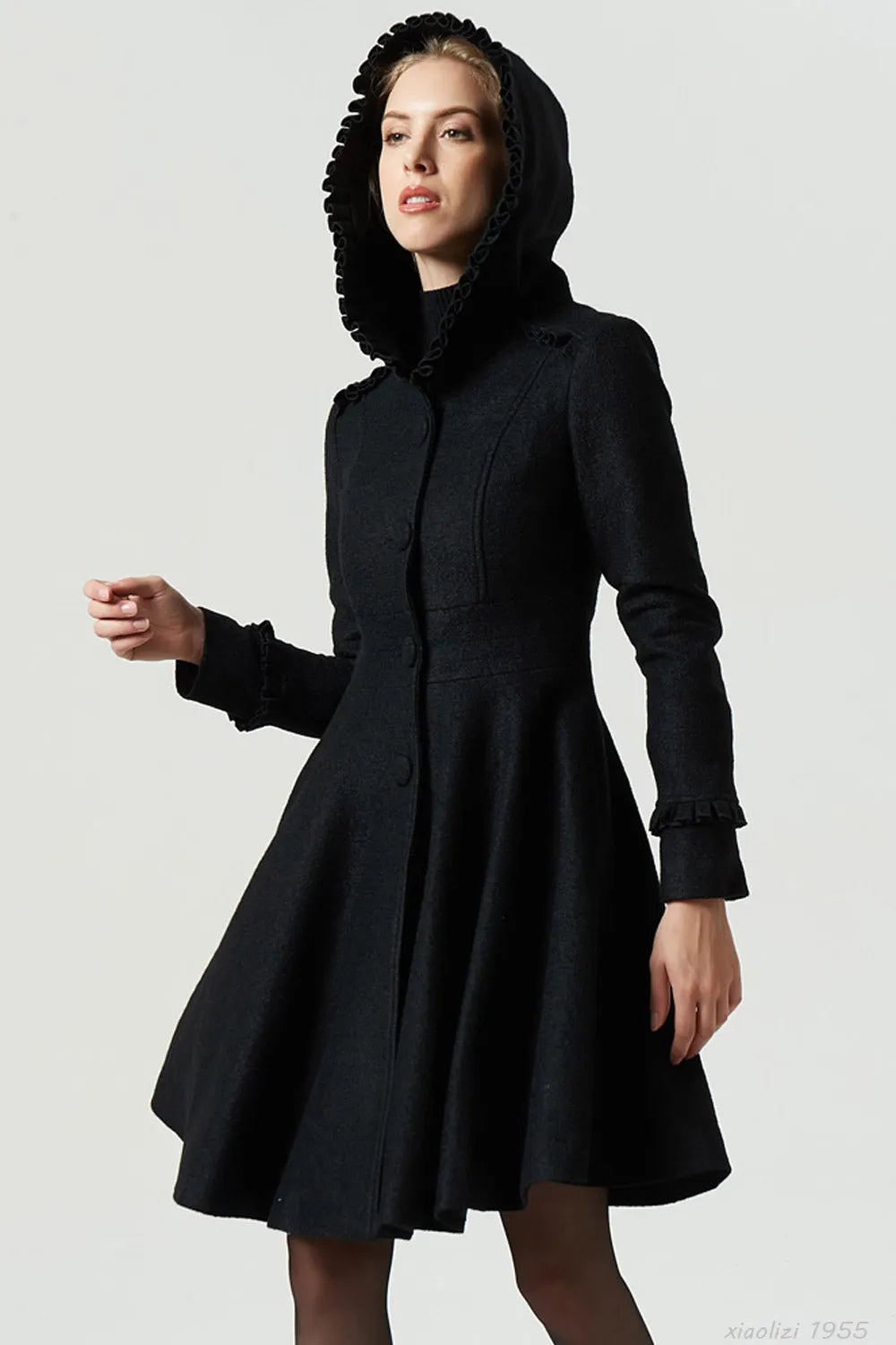 Vintage Wool Coat for Women – Handmade Black Hooded Fit and Flare Winter Coat with Ruffles 