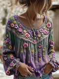 Women's Floral Art Embroidered Linen Blend Round Neck Long Sleeve Tops