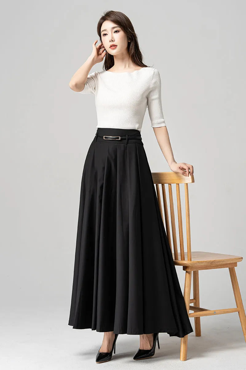 Black Polyester Pleated Maxi Skirt - Flowy Ankle Length 4189