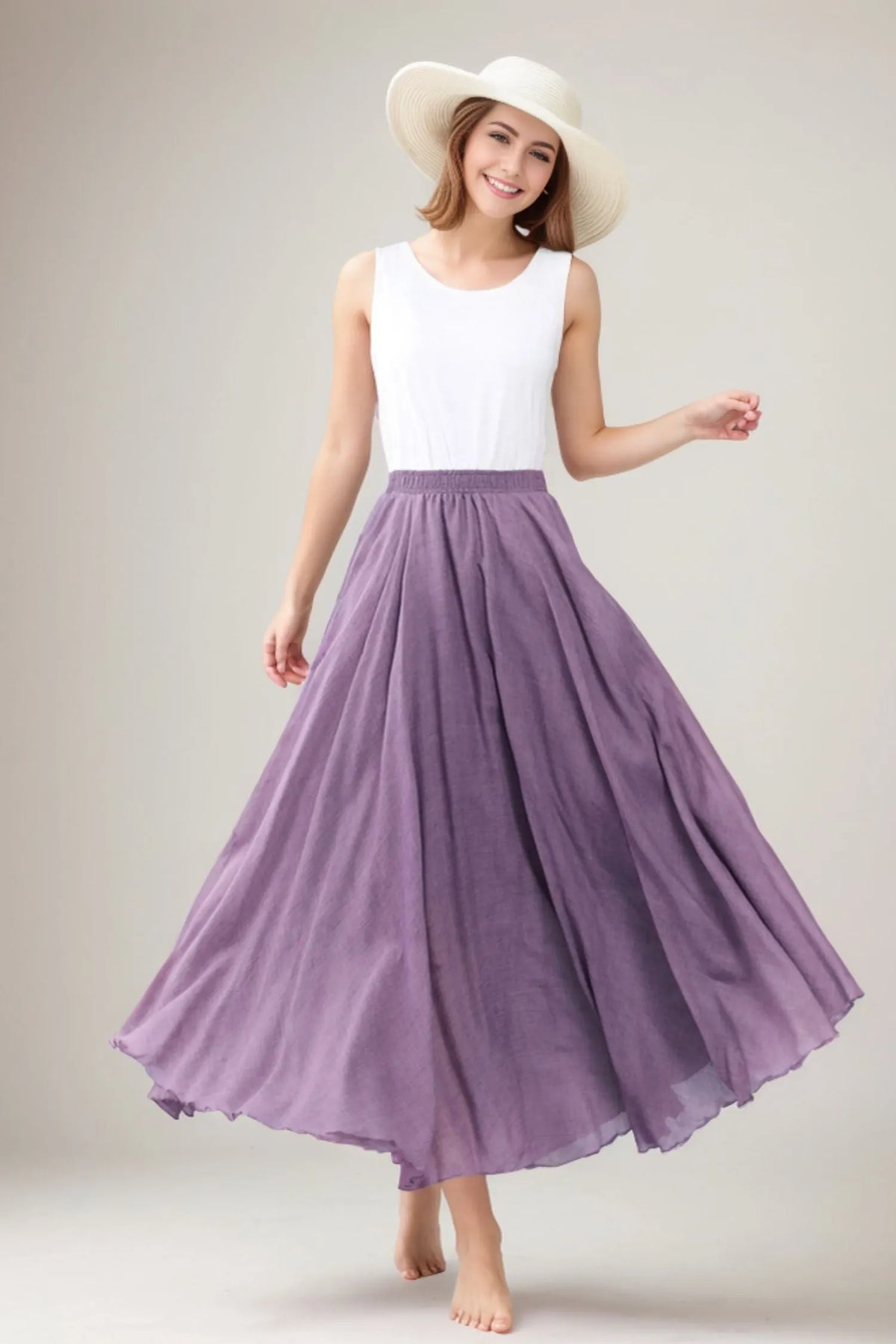 Handmade Linen Maxi Skirt – Lavender Swing Circle Skirt for Summer 