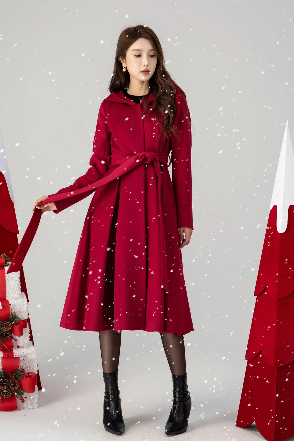 Red Wool Hooded Coat - Princess Silhouette with Belted Waist 6295