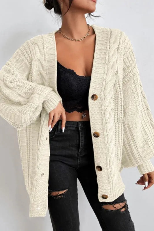 Oversized Cable Knit V Neck Button Cardigan