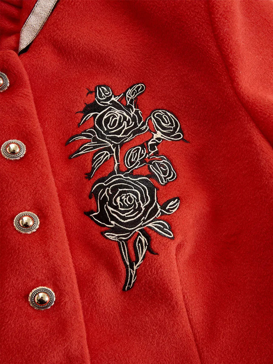 Ruffled Stand-up Collar Single-breasted Rose Embroidered Jacket