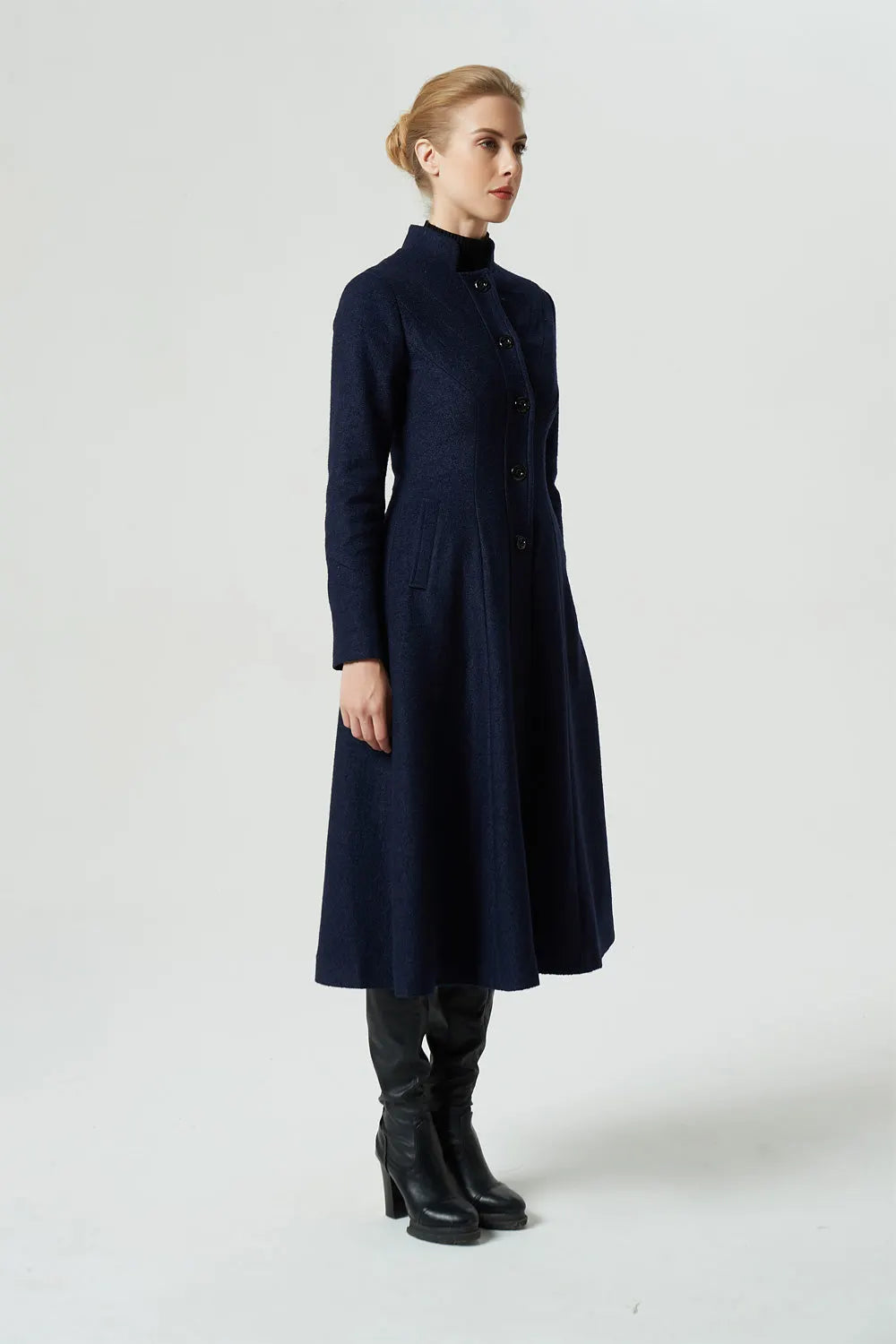 Vintage Wool Coat for Women – Handmade Navy A-Line Midi Winter Coat with Stand Collar 