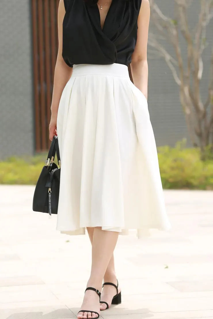 White Flare Midi Skirt - Fitted Waist & Seam Pockets 