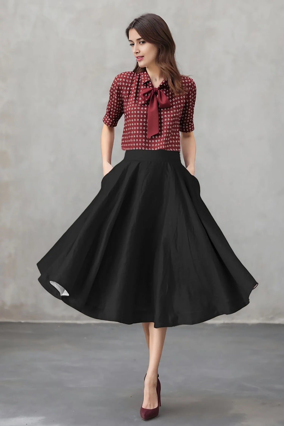 Black Linen Midi Skirt - High Waist A-Line 