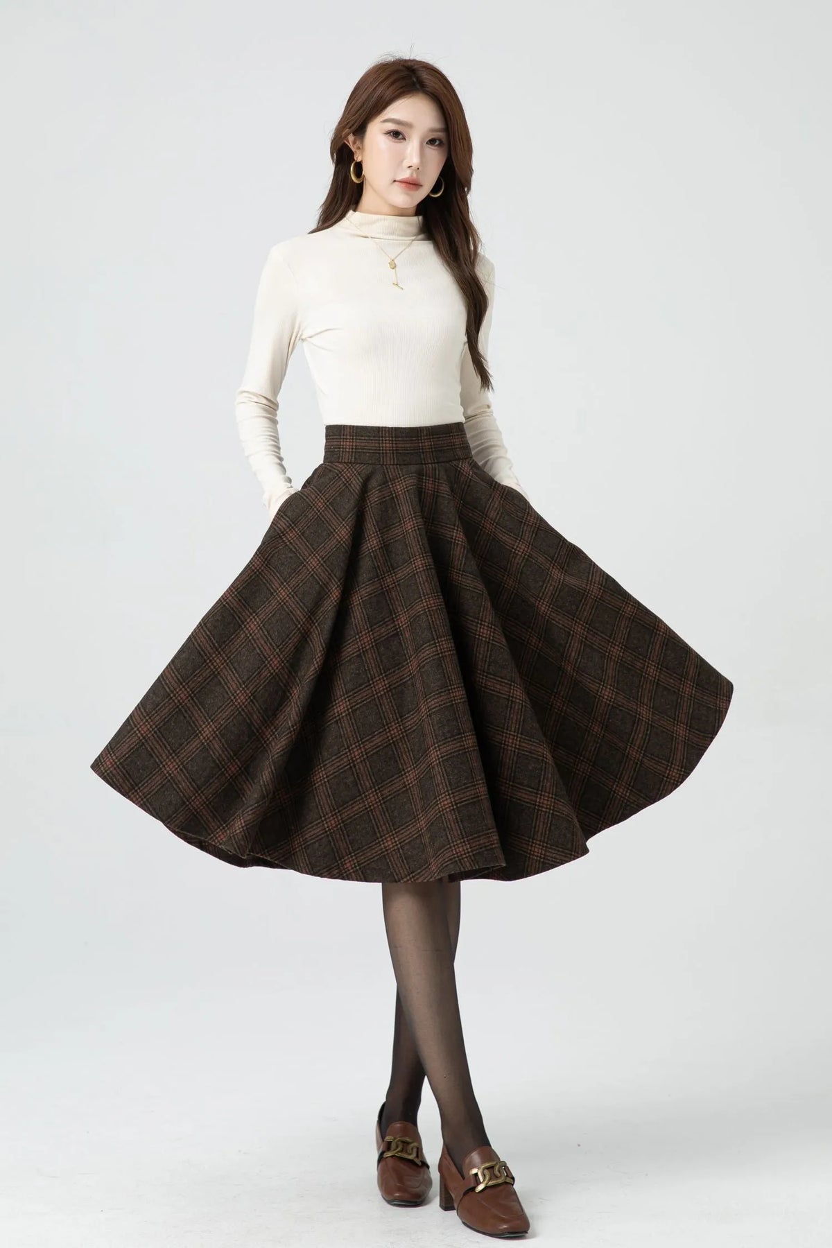 Brown Plaid Wool Midi Skirt – Vintage High Waist Pleated Circle Skirt 5323