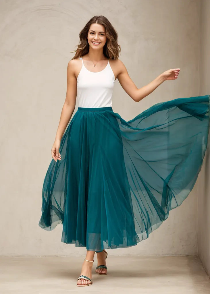 Boho Chiffon Midi Skirt, Elastic Waist Circle Skirt 