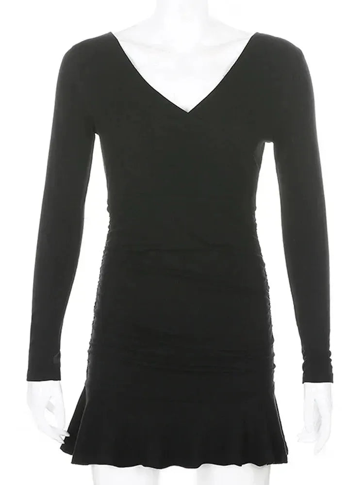 Knitted Ribbed V Neck Elegant Long Sleeve Mini Dress