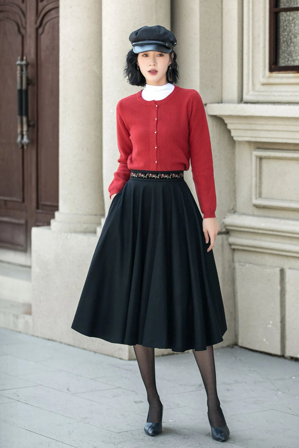 Black Wool Midi Skirt - Embroidered Waist A-Line Circle Skirt 5310