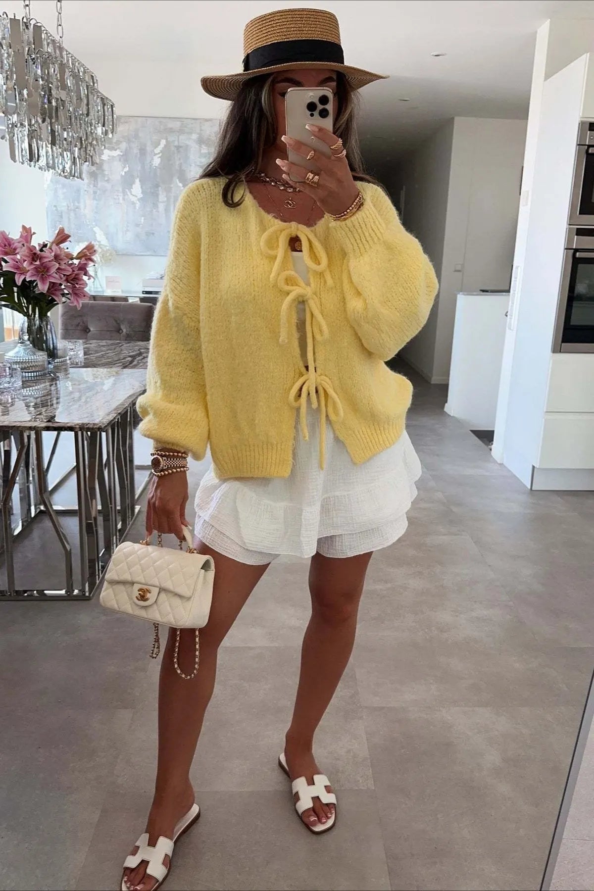 Bow Tie Front Crew Neck Knit Casual Cardigan