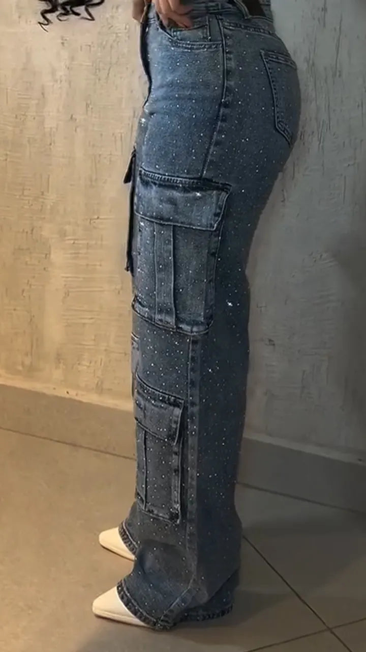 Women Hot Diamond Splicing Multi-pocket Casual Jeans