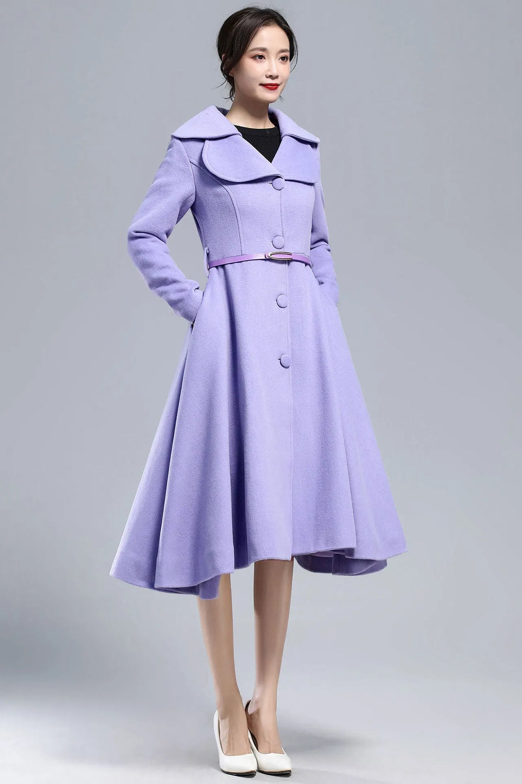 Xiaolizi Purple Wool Coat for Women – Handmade Vintage Fit-and-Flare Winter Overcoat with Double-Folded Lapel Collar 316