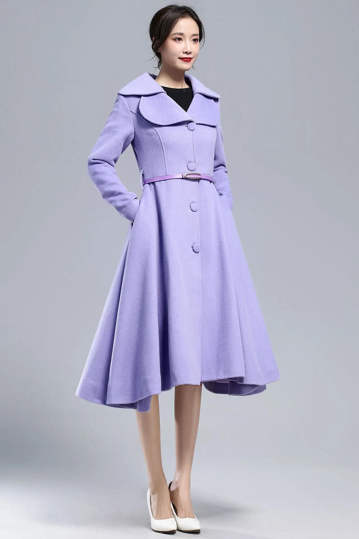 Xiaolizi Purple Wool Coat for Women – Handmade Vintage Fit-and-Flare Winter Overcoat with Double-Folded Lapel Collar 316