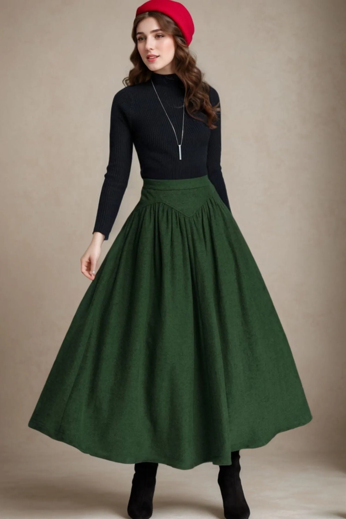 Green Wool Blend Maxi Skirt – Handmade Vintage High Waist Pleated Winter Elegance 5228