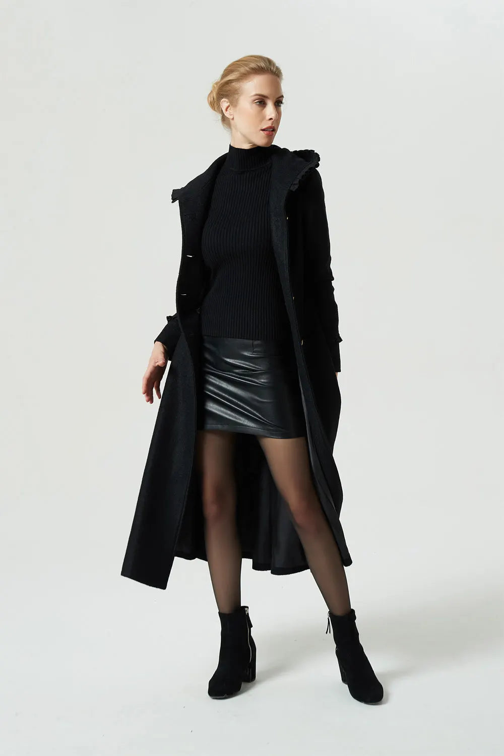 Vintage Wool Coat for Women – Handmade Black Hooded Fit and Flare Maxi Coat with Gold Buttons 