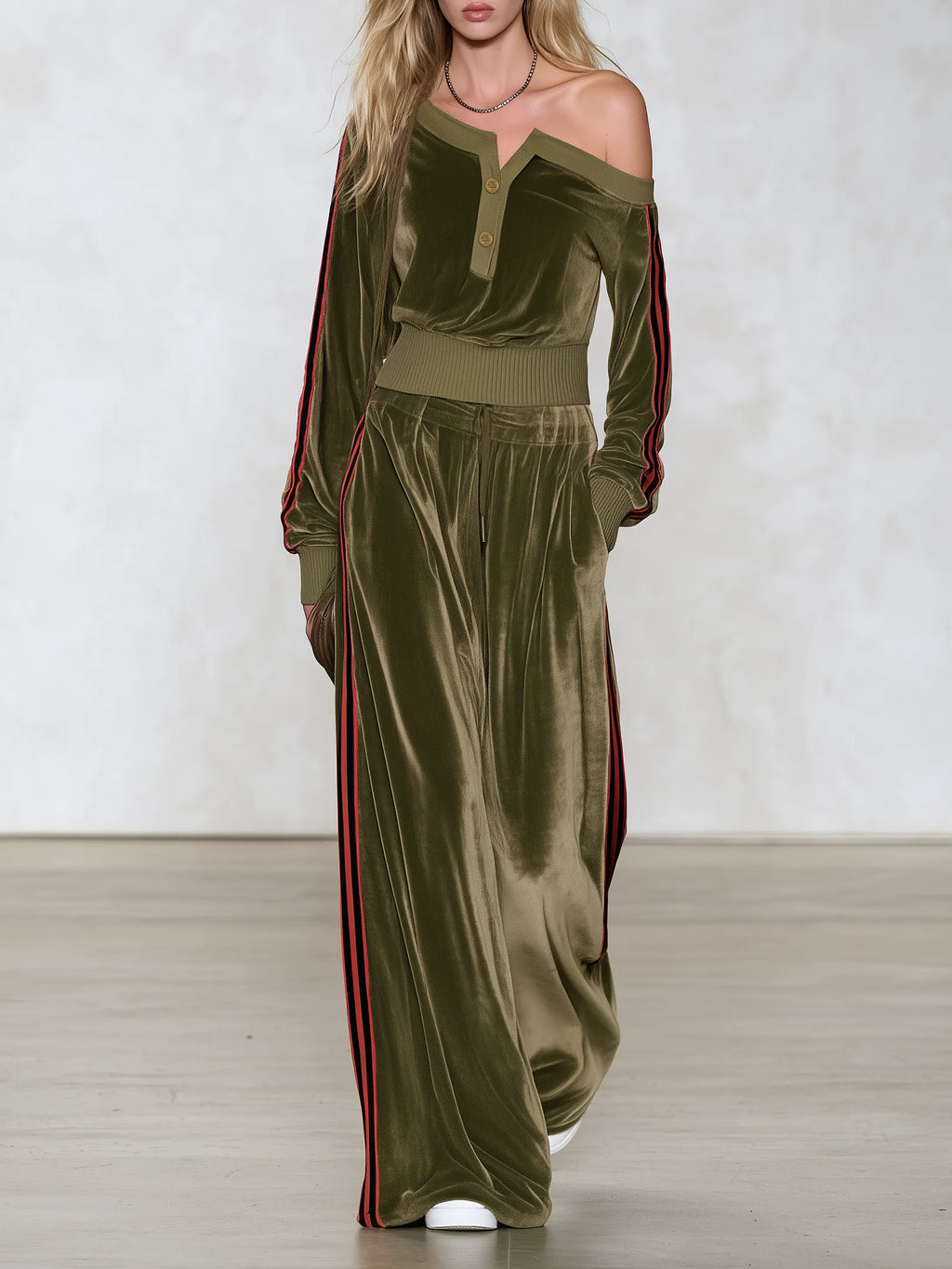 Sophisticated And Elegant Urban-style Color-block Velvet Set With An Asymmetrical Off-shoulder Top And Trousers