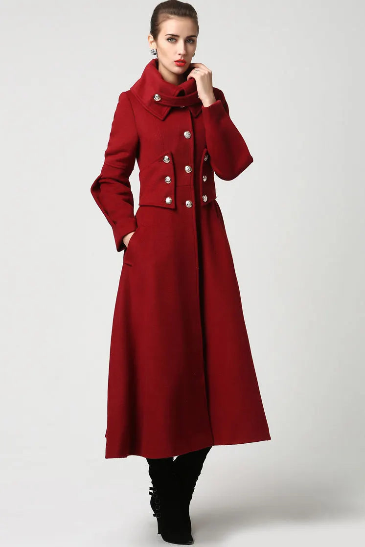 Army Green Wool Coat - Elegant Military-Inspired Maxi Long Coat 1118