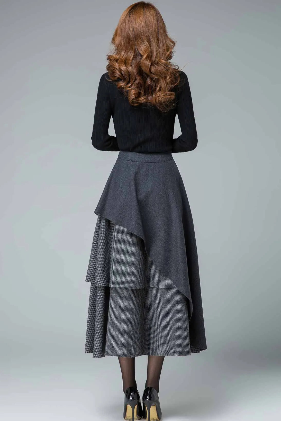 Gray Wool Layered Midi Skirt - Asymmetric Elegant Winter Wear 5409