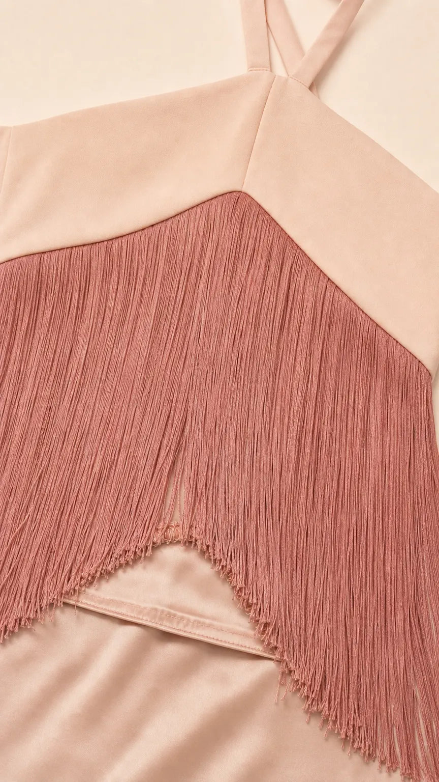 Halter Neck Tiered Fringe Satin Bodycon Mini Dress