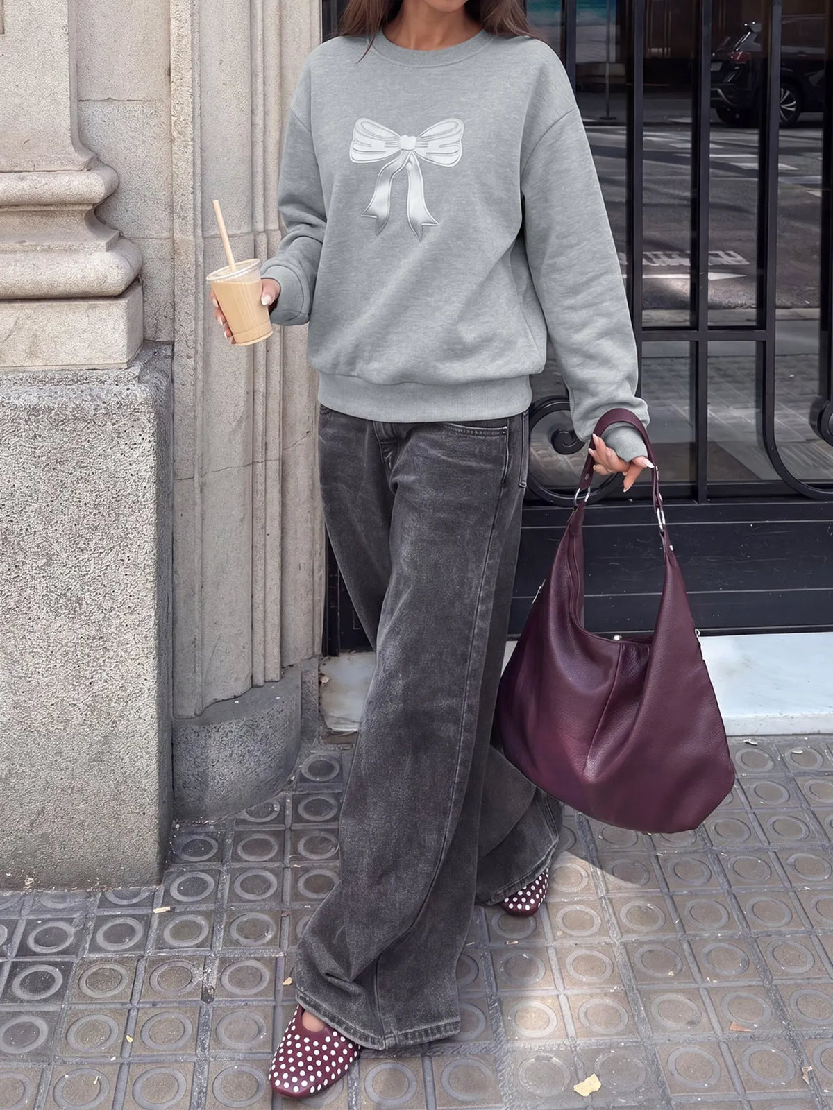 Bow Print Crew Neck Oversized Sweatshirt