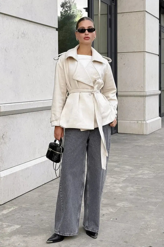 Suede Solid Tie Waist Thickened Warm Coat