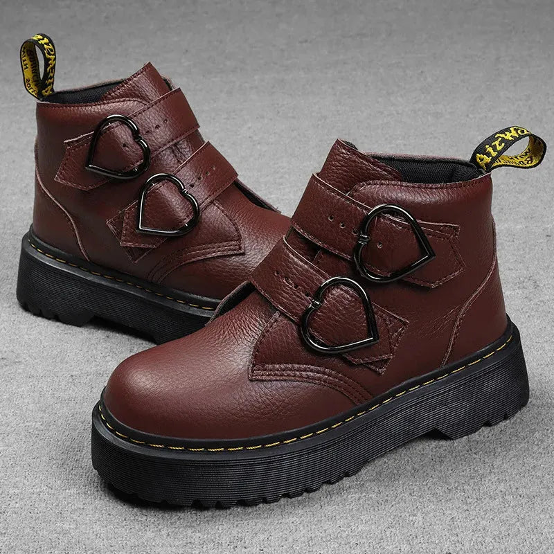 Women's Ankle Boots – Leather, Heart-Shaped Buckles, Casual for Everyday Wear