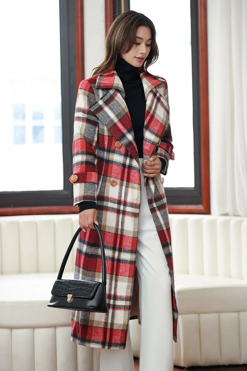 Handmade Red Plaid Wool Coat – Vintage Belted Long Winter Overcoat 