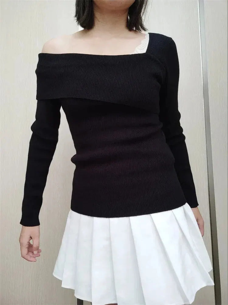 Off Shoulder Irregular Neck Long Sleeve Ribbed Knitted T-shirts