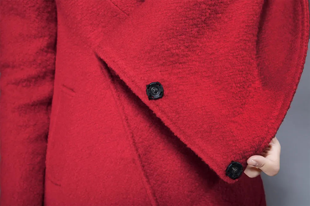 Red Wool Biker Jacket - Short Coat with Oversized Cowl Neck and Hood 1829