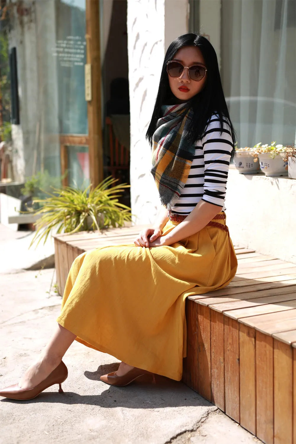 Mustard Yellow Linen Pleated Midi Skirt - High Waist Pockets 
