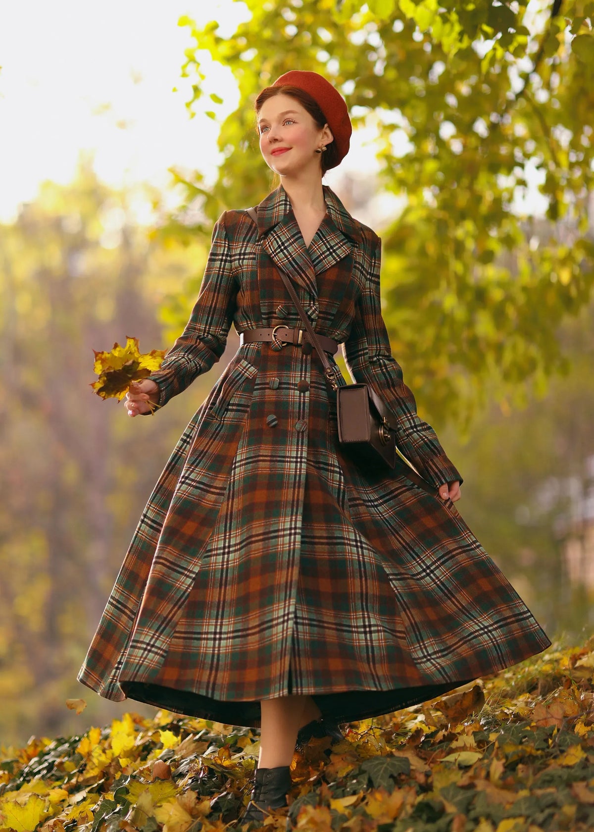 Plaid Wool Coat - Fit-and-Flare Double-Breasted Long Overcoat 4730