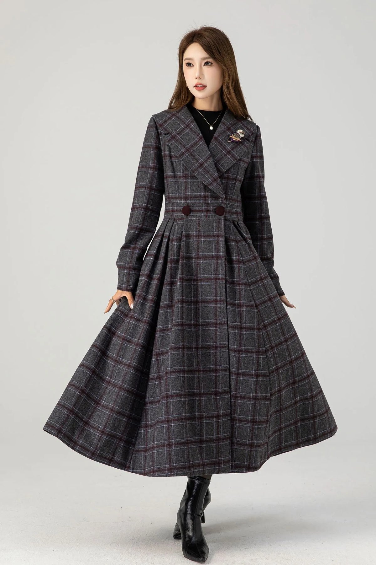 Handmade Plaid Wool Coat – Vintage Fit & Flare Double-Breasted Winter Overcoat 