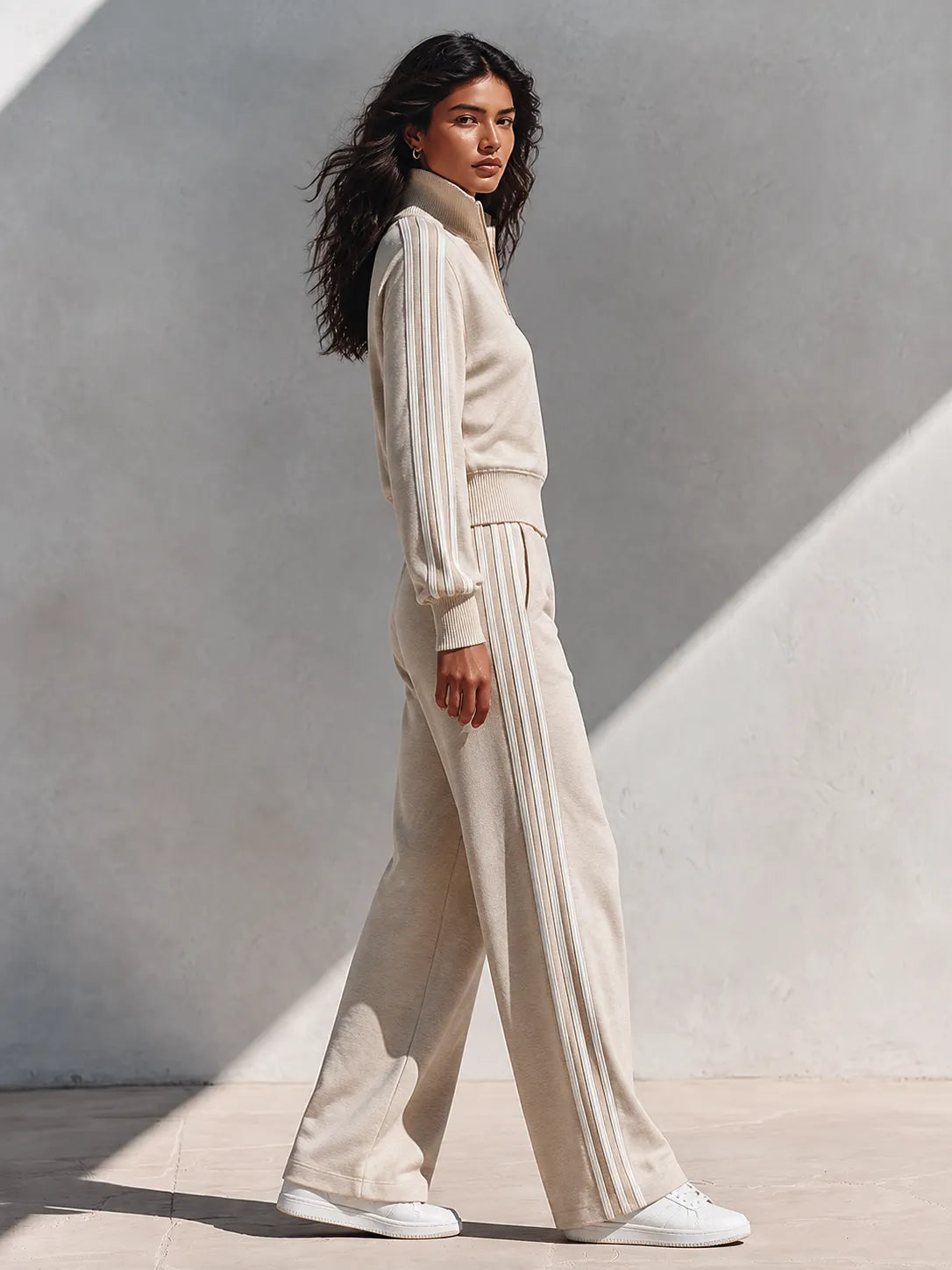 Women's Half-Zip Stand-Collar Knit Tracksuit With Side Stripes MDZ2819H0ZRK
