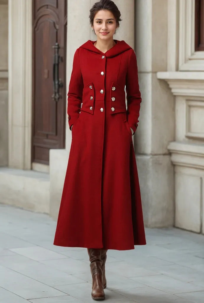 Red Wool Blend Coat - Hooded Ankle Length A-Line 