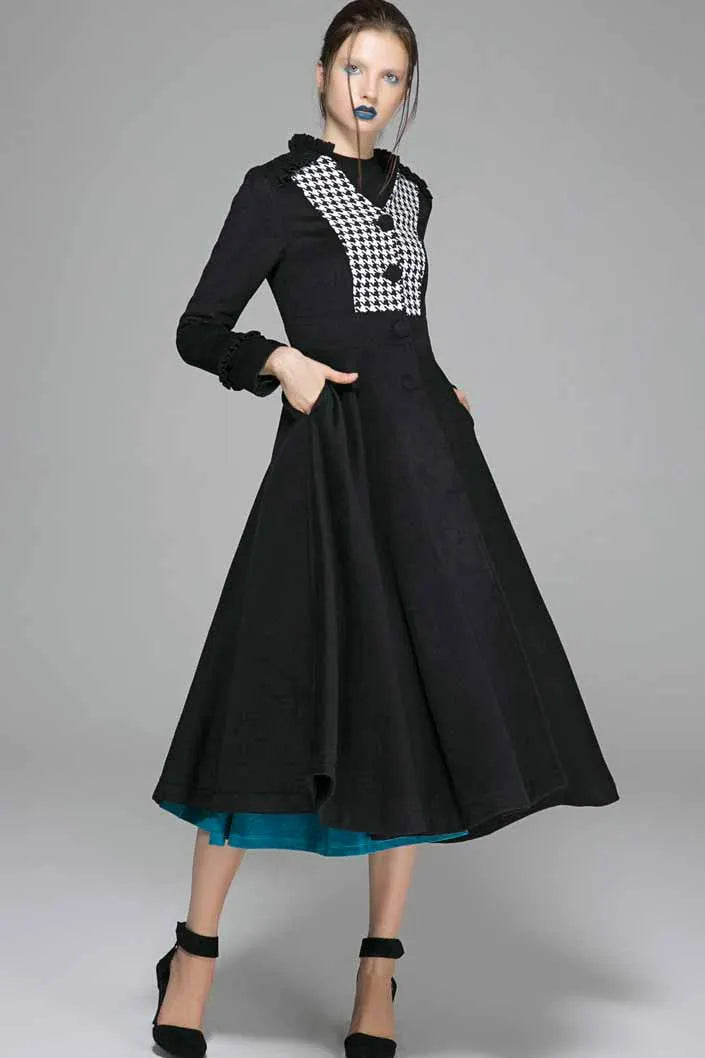 Black Wool Fit & Flare Winter Coat – Houndstooth Bodice & Full Skirt 1375