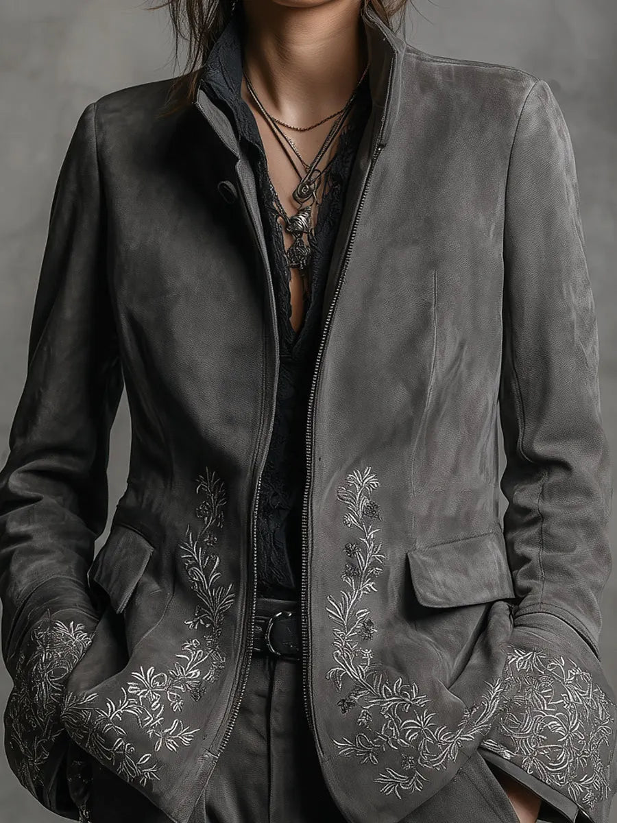 Boho Rock Stand Collar Embroidered Suede Jacket