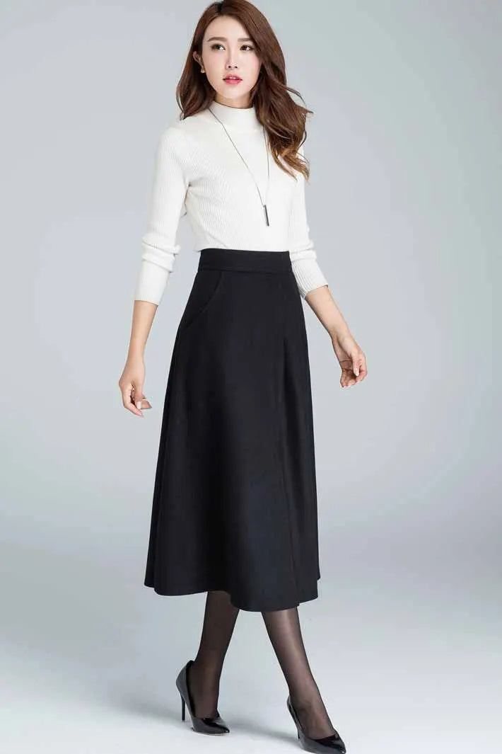 Elegant Black Wool Skirt – Handmade Midi Winter Skirt with Pockets 