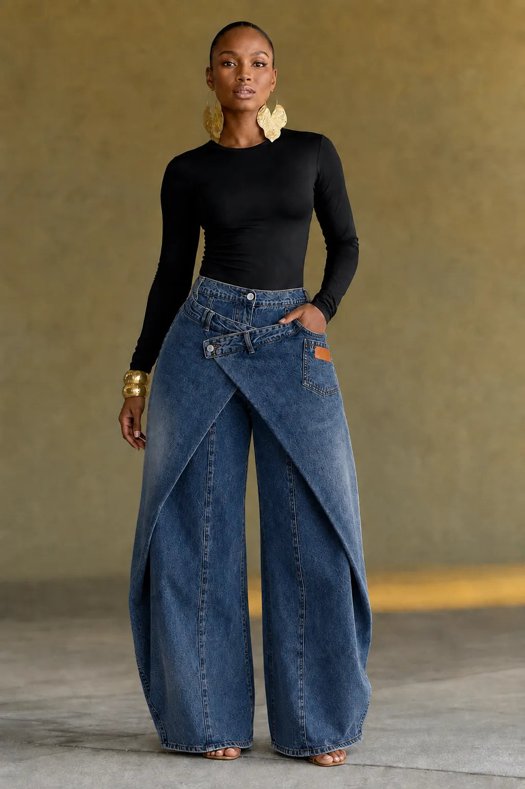 Wrap Skirt‐Effect Wide Leg Denim Pants