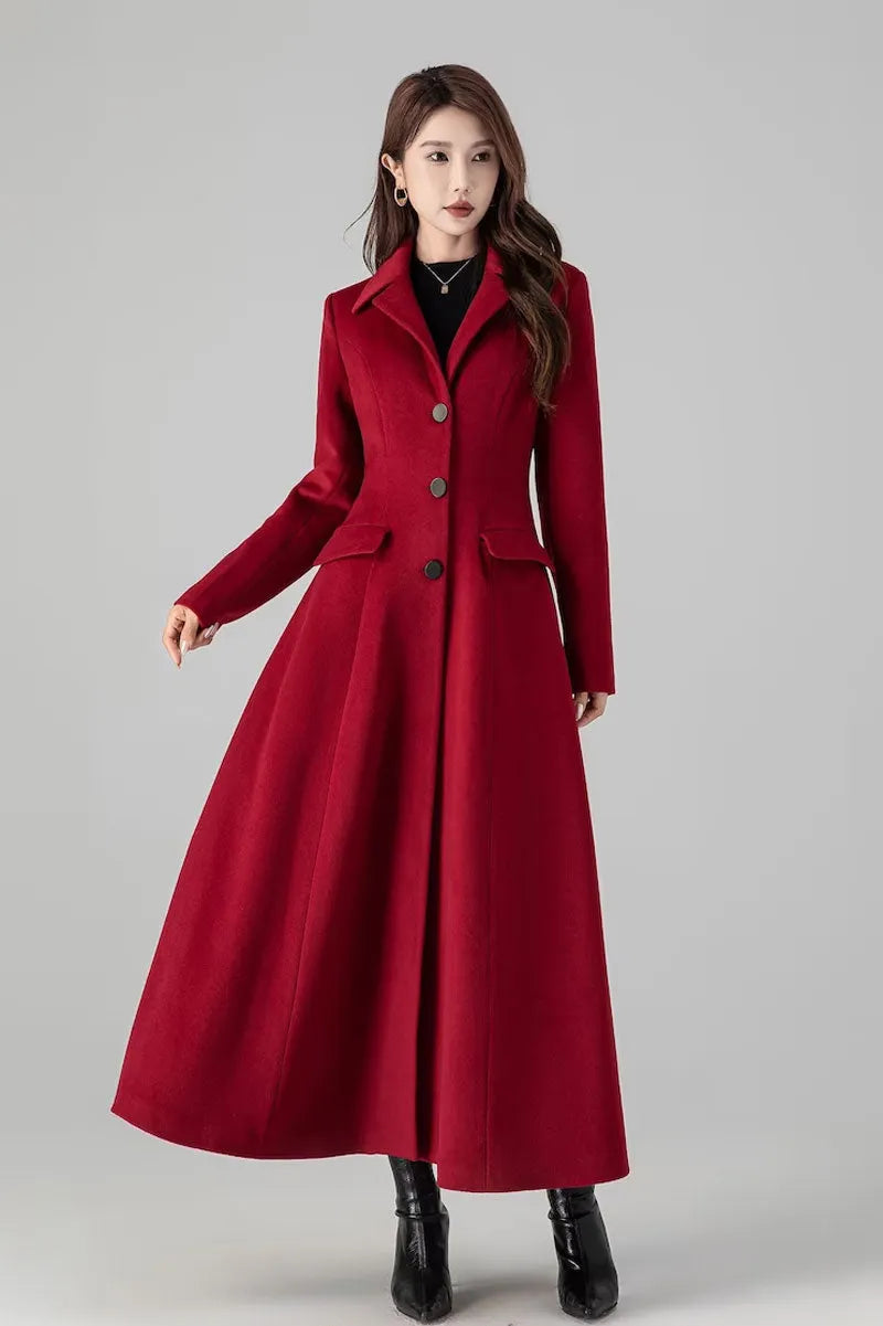 Red Wool Long Coat - Elegant Flared Trench Silhouette 4512
