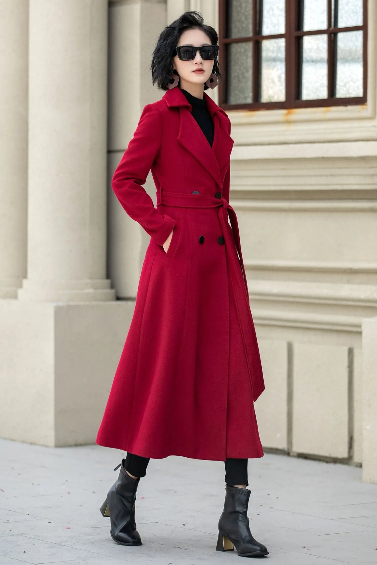Red Wool Maxi Coat - Double-Breasted Fit & Flare Silhouette 5348