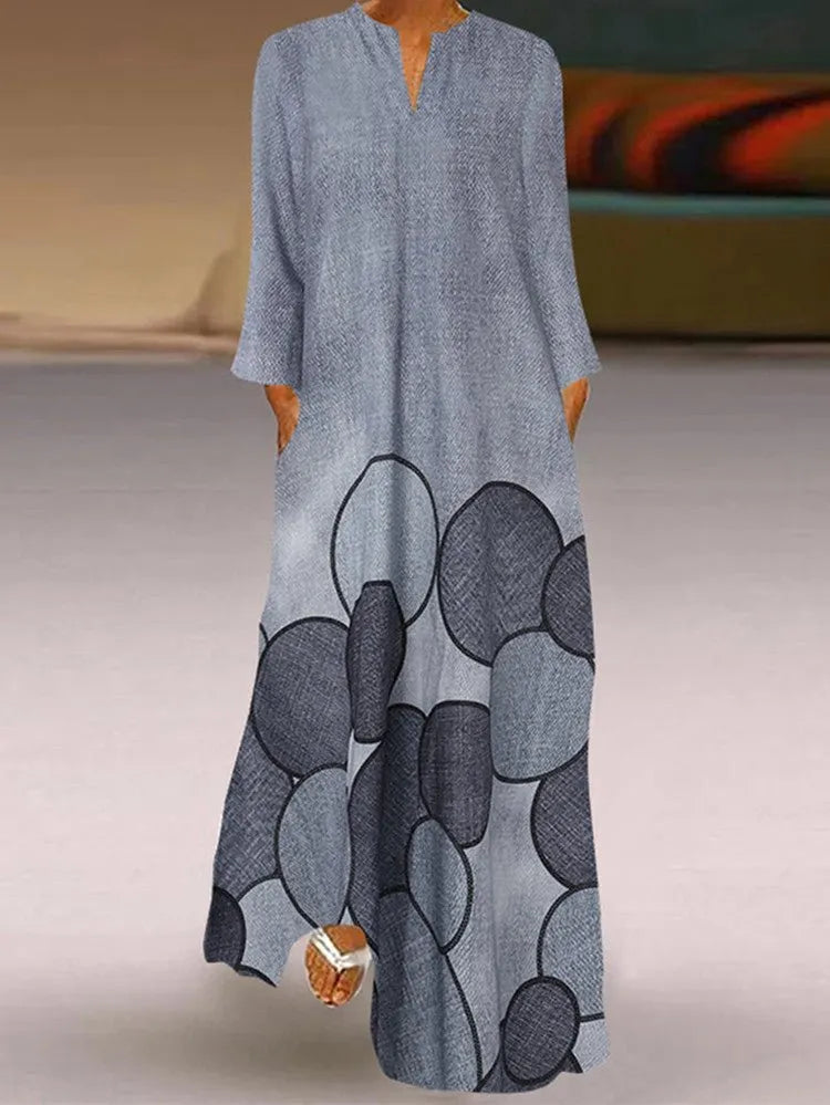 Vintage Print Pocket Long Sleeve Dress