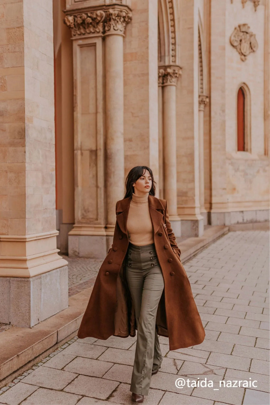 Brown Wool A-Line Trench Coat - Double Breasted Maxi 
