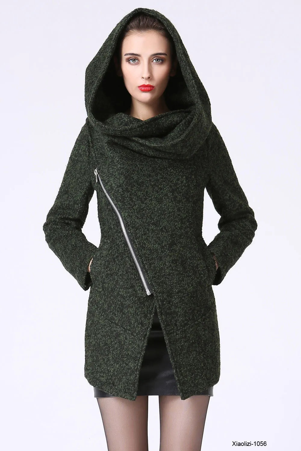Forest Green Asymmetrical Wool Coat with Snood Hood – Modern Short Winter Jacket 1056