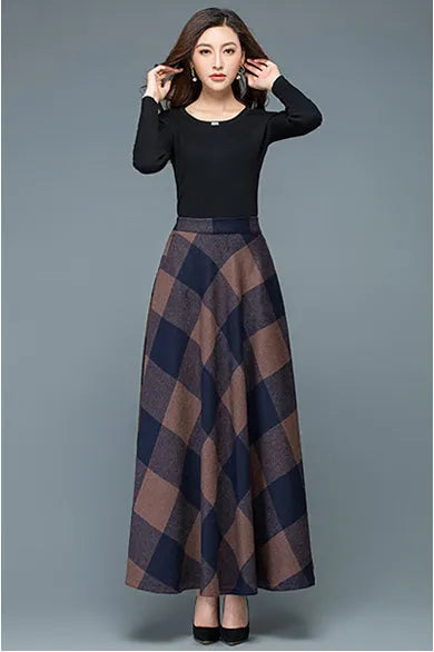 Plaid Wool Long Skirt - Full Flowy A-Line Silhouette 3947