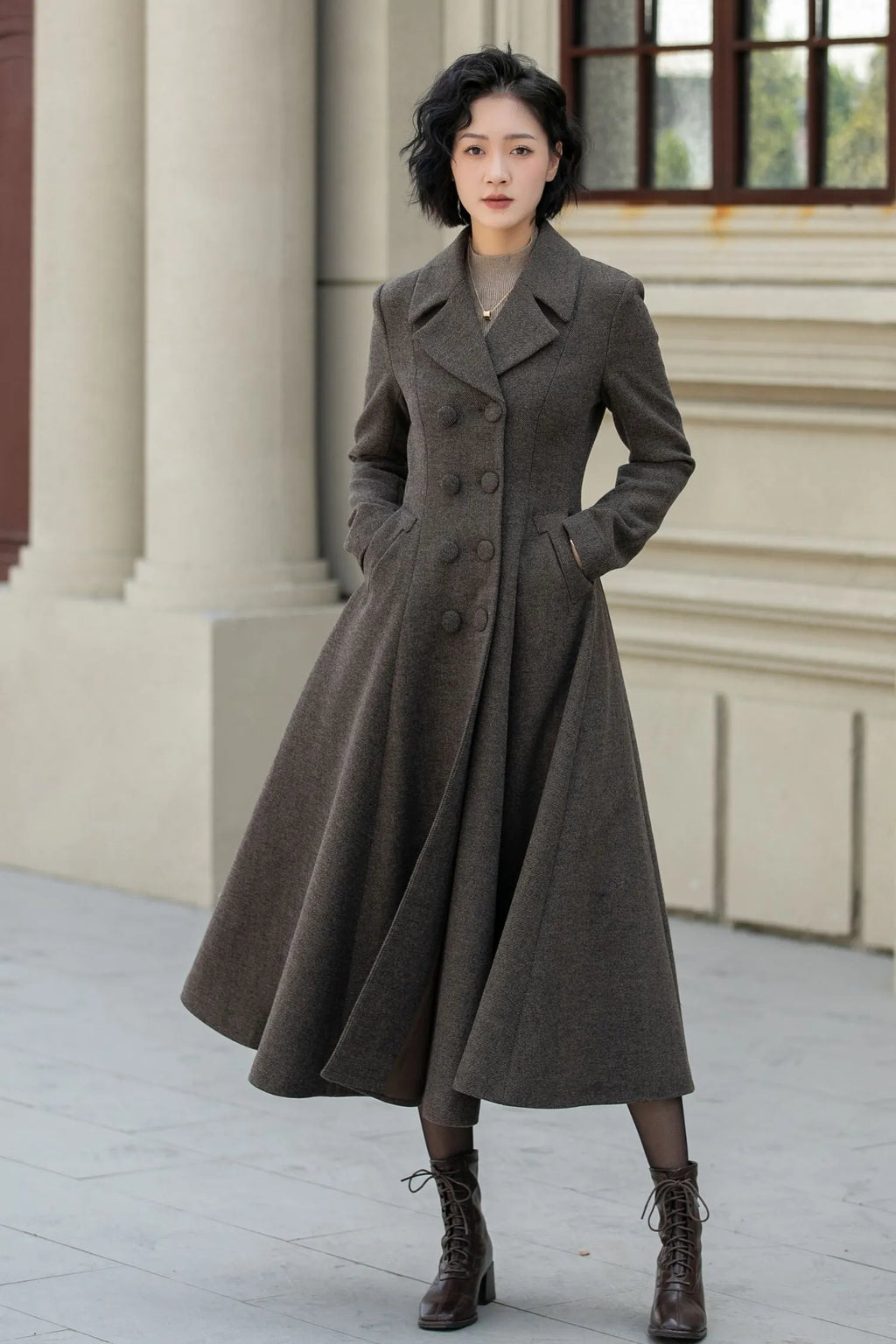 Chocolate Brown Wool Maxi Coat - Vintage Double-Breasted Fitted Waist 5460