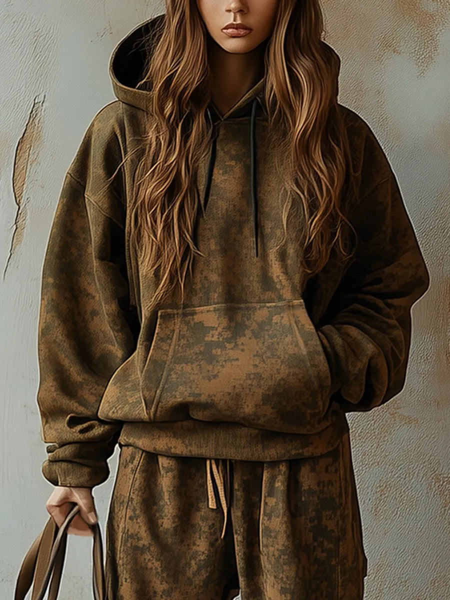 【24-hour shipping out】Fashion Retro Hooded Camouflage Sweatshirt and Leggings Two-piece Suit